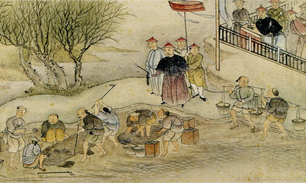 Chinesische Beamte versuchen importiertes Opium zu vernichten